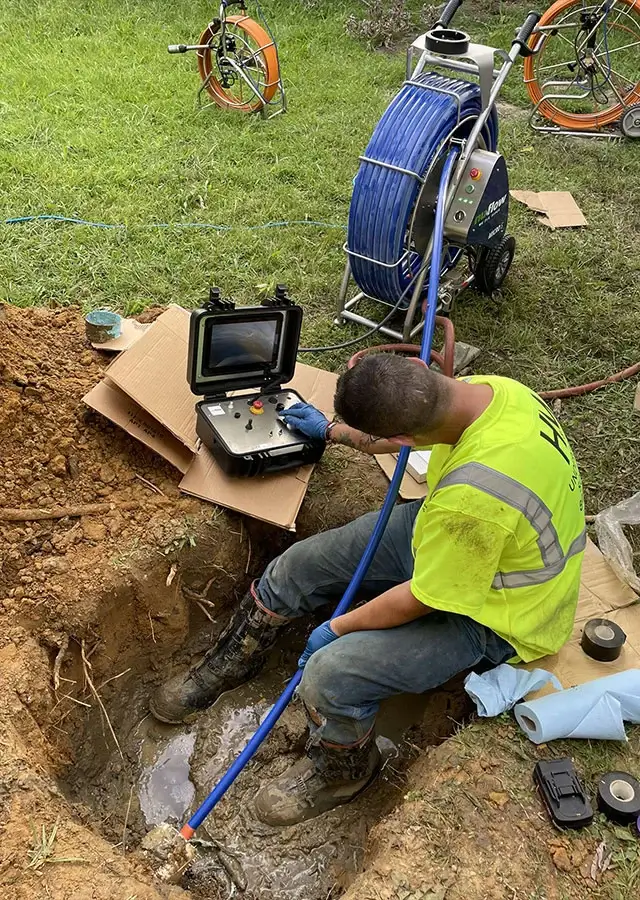 H & M Underground Solutions technician carrying sewer scope inspection tools Minneapolis, MN