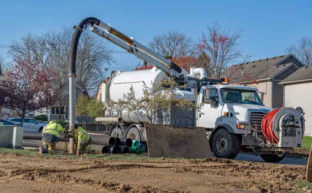 Workers using hydro excavator vacuum truck to create hole for drainage pipe